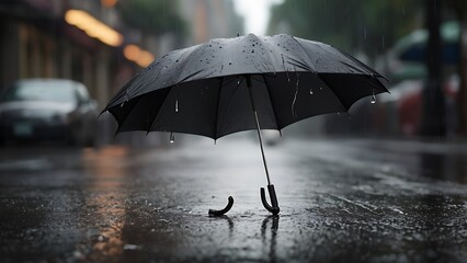 A broken umbrella flipped inside out in the rain, symbolizing bad luck, misfortune, and being unprepared for life's difficulties.