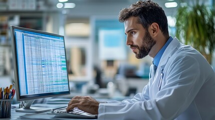 Hospital Doctor Using Spreadsheet For Billing Codes On Desktop, Generative AI