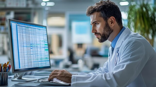 Hospital Doctor Using Spreadsheet For Billing Codes On Desktop, Generative AI