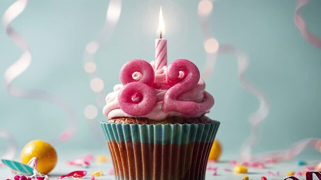 Birthday cupcake with burning lit candle with number 82. Number eighty-two for eighty-two years or eighty-second anniversary.