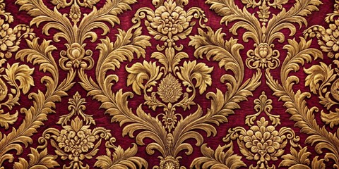 Fototapeta premium Gold Embroidered Floral Pattern on Red Velvet, Luxury, Texture, Design