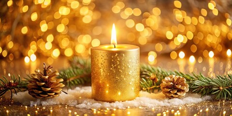 Golden Candle Glow with Pine and Snow, Christmas , Winter , Decoration