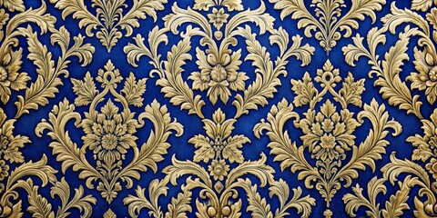 Golden Floral Pattern on Blue Background, Wallpaper, Texture, Design, Pattern