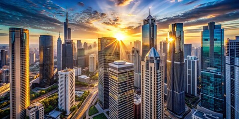 Obraz premium Golden Hour Skyline Aerial View of Skyscrapers Bathed in Sunlight, Cityscape, Urban, Architecture