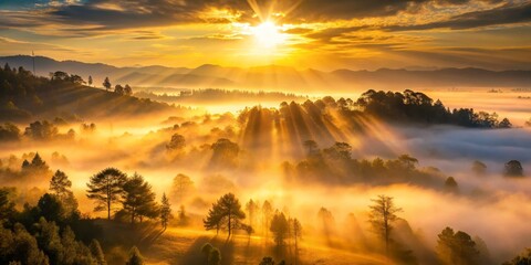 Obraz premium Golden Sunrise Through Misty Mountains, Landscape Photography, Nature, Sunrise, Mountain Landscape, Golden Hour