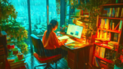 Naklejka premium blurred interior of teenager's anime room with girl doing her homework in teal and orange hues