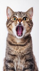 Obraz premium Expressive tabby cat with wide-open mouth and startled eyes against white background, capturing a moment of surprise or excitement in feline behavior.
