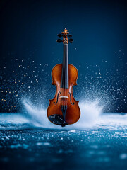 Fototapeta premium Violin in snow. A violin floats in the snowfall at night