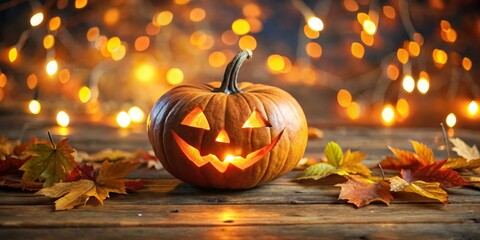 Jack-o'-lantern with Autumn Leaves and Bokeh Lights, Halloween Decor, Jack-o'-Lantern, Autumn