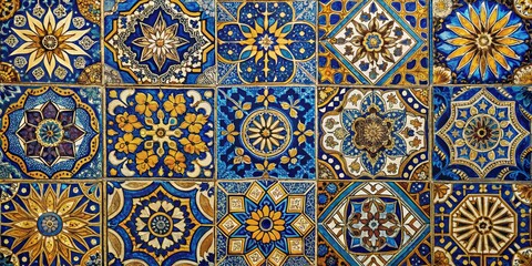Intricate Mosaic Tile Pattern Blue and Gold, 16 Tiles, Geometric Floral Design, tile pattern, mosaic art, islamic art