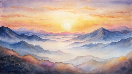 Obraz premium Watercolor Landscape Background, Depicting Serene Scene of Sunrise Over Mountains, Symbolizing New Beginnings and Vision, Calming and Expansive