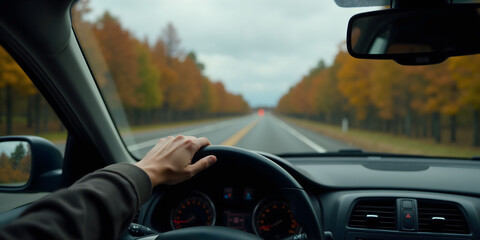 Driving on a scenic autumn road with colorful trees ahead