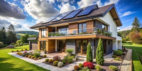 Fototapeta premium Modern House with Solar Panels, Wooden and Stone Exterior, Green Landscape, Modern Home, Solar Energy, Sustainable Architecture