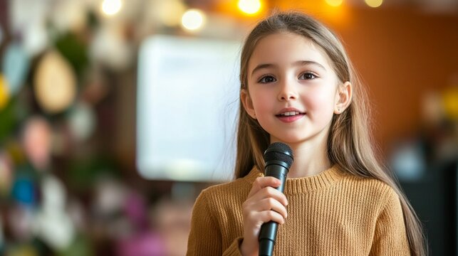 Young girl with long hair and a warm smile holds a microphone, ready to perform or speak, against a blurred background with soft lights.
