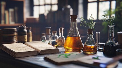 Vintage alchemy laboratory with open book and glass flasks filled with golden elixirs, surrounded by mysterious ingredients and herbs in sunlit room.