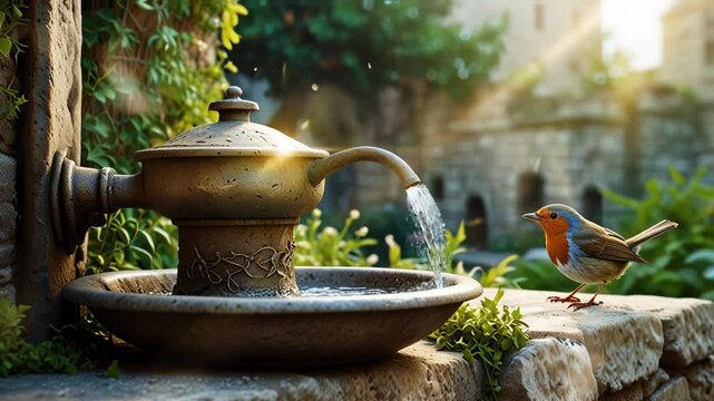 Medieval water fountain with small birds beside it, smooth looping video 