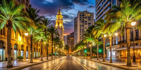 Fototapeta premium Palm Trees Line a City Street at Dusk, Alicante, Spain, Night Photography, Cityscape, Spain, Europe