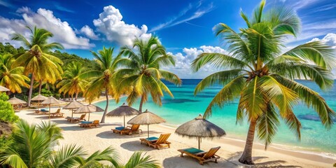 Fototapeta premium Palm Trees and Beach Umbrellas, Tropical Paradise, Caribbean, Vacation, Relax, Beach , beach umbrella