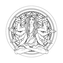 Beautiful woman with long hair and multiple hands sitting in lotus yoga position. Multi-armed goddess is Goddess Lakshmi, the Hindu goddess of wealth, fortune, and prosperity. Vector detailed isolated