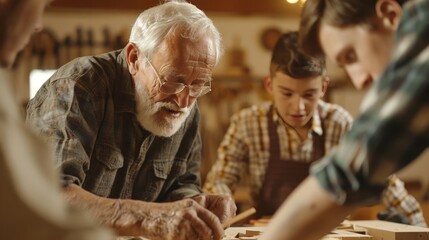 Senior craftsman instructing apprentices on traditional woodworking skills