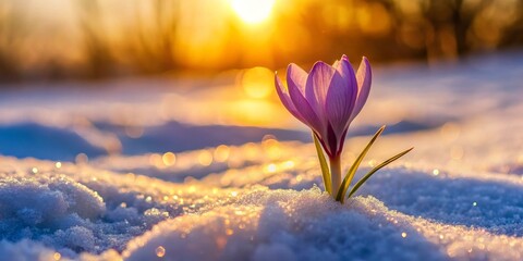 Purple Crocus Blooming in the Golden Sunset Snow, Spring Flower, Snow Crocus, Winter Bloom