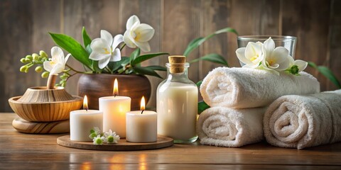 Obraz premium Relaxing Spa Setting with Candles, Flowers, and Towels, Spa, Relaxation, Wellness