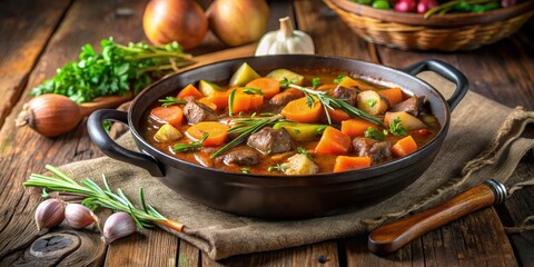 Rustic Beef Stew in a Cast Iron Pot, Close-up View, Carrots, Onions, Garlic, Beef Stew, Cast Iron