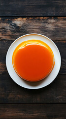 Smooth and shiny orange pudding is served on a white plate on a dark wooden table, tempting dessert lovers with its vibrant color and creamy texture