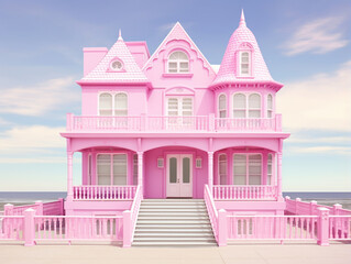 A beautiful pink dollhouse building. The cottage of a princess girl. The doll mansion. A woman's house in an American classic architecture style. Ocean and sky in the background