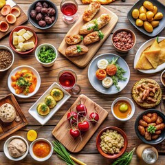 Top View of a Wooden Table Set with Various Appetizers and Drinks, Food Styling, Table Setting, Appetizers
