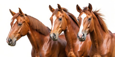 Three Chestnut Horses Close Up, White Background, Photography, Horses, Animals, Equestrian