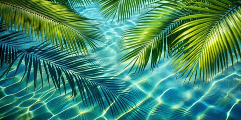 Tropical Palm Leaves Overlapping Rippling Blue Water, Palm Tree, Tropical Vacation , Poolside