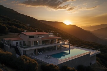 Fototapeta premium Luxury villa aerial view. A natural landscape with a building on a hill with a swimming pool overlooking the sunset, surrounded by sky, mountains, clouds, and light