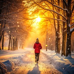 Winter Wonderland A lone figure walks through a snow-covered forest path bathed in golden sunlight, Winter, Forest, Sunset