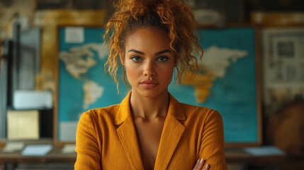 Serious businesswoman standing against a world map in an office setting