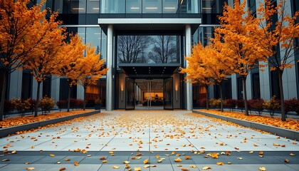 The entrance to a sleek corporate building is flanked by rows of trees in full autumn bloom, their golden leaves adding warmth to the cool modern design. 
