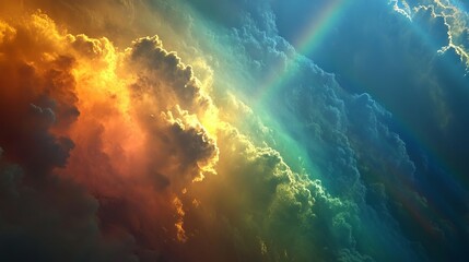 Fototapeta premium A colorful rainbow streak appears in the photo, like a light leak from the camera or a rainbow flare from the lens.