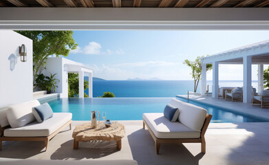Fototapeta premium A minimalistic modern building with a swimming pool in front, surrounded by outdoor furniture and plants. Ocean and azure sky at the background. A perfect property for real estate