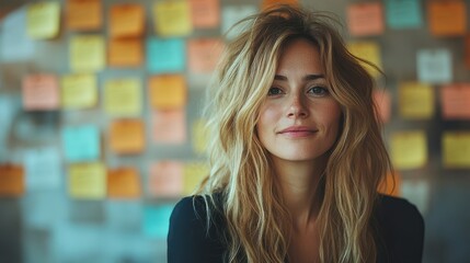 Smiling woman in front of colorful sticky notes in a creative workspace