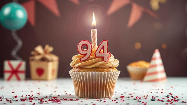 Birthday cupcake with burning lit candle with number 94. Number ninety-four for ninety-four years or ninety-fourth anniversary.