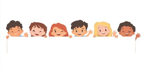 a set of illustrations of people peeking out from behind blank canvases, smiling and waving at the viewer, flat design, white background Generative AI