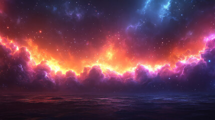 A fiery nebula lights up the night sky above a calm sea.
