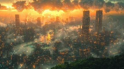 Fototapeta premium Bustling Smart City with Wireless Signals at Sunset