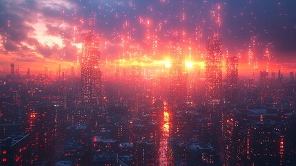 Fototapeta premium Futuristic City with Flowing Wireless Data at Sunset