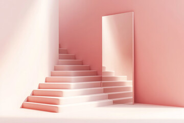 Fototapeta premium Abstract white minimalist staircase leading to bright hallway, concept of progress