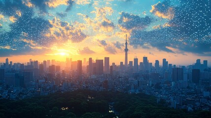 Obraz premium Vibrant Sunrise Over a Smart City Skyline