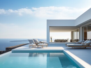 A minimalistic modern building with a swimming pool in front. Ocean and azure sky at the background. A perfect property for real estate