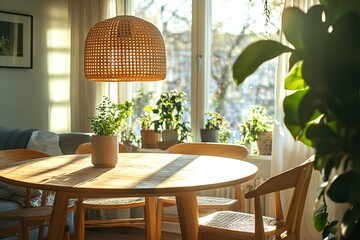 Scandinavian Style Dining Room with Wooden Table and Wicker Pendant Lamp. AI generated illustration