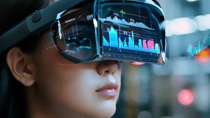 Young female engineer is wearing augmented reality goggles in a modern industrial factory, monitoring machinery and production processes - Powered by Adobe