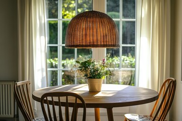 Obraz premium Scandinavian Style Dining Room with Wooden Table and Wicker Pendant Lamp. AI generated illustration